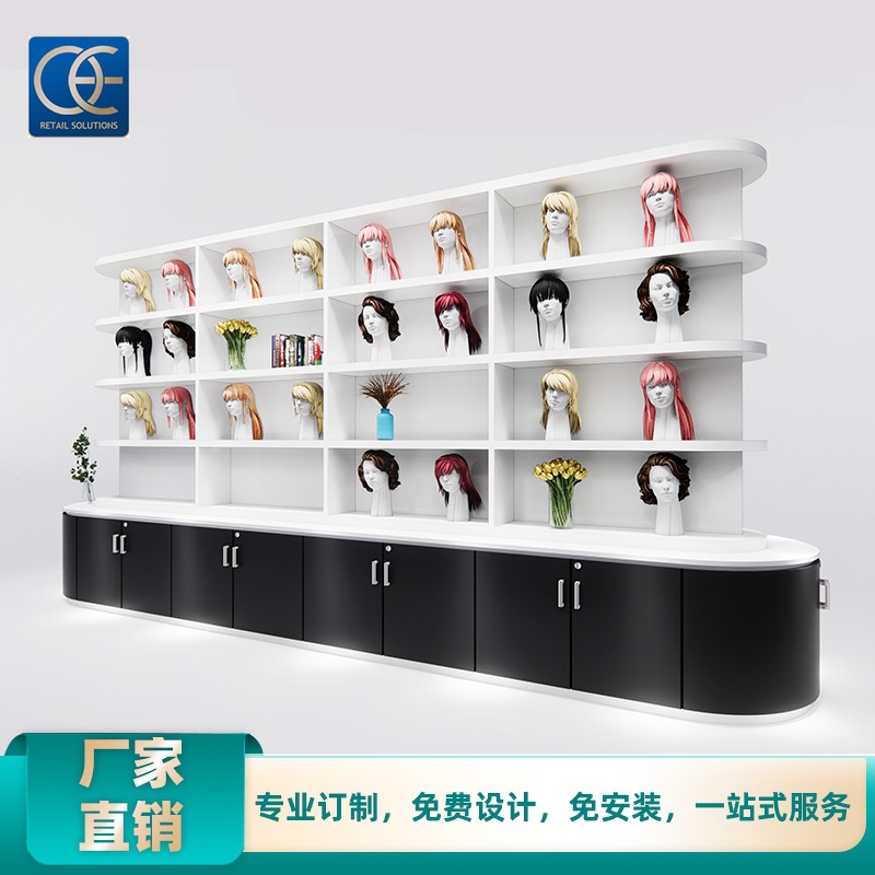 美发美容院发廊假发展示柜 欧式木质烤漆展柜多层头模假发陈列柜