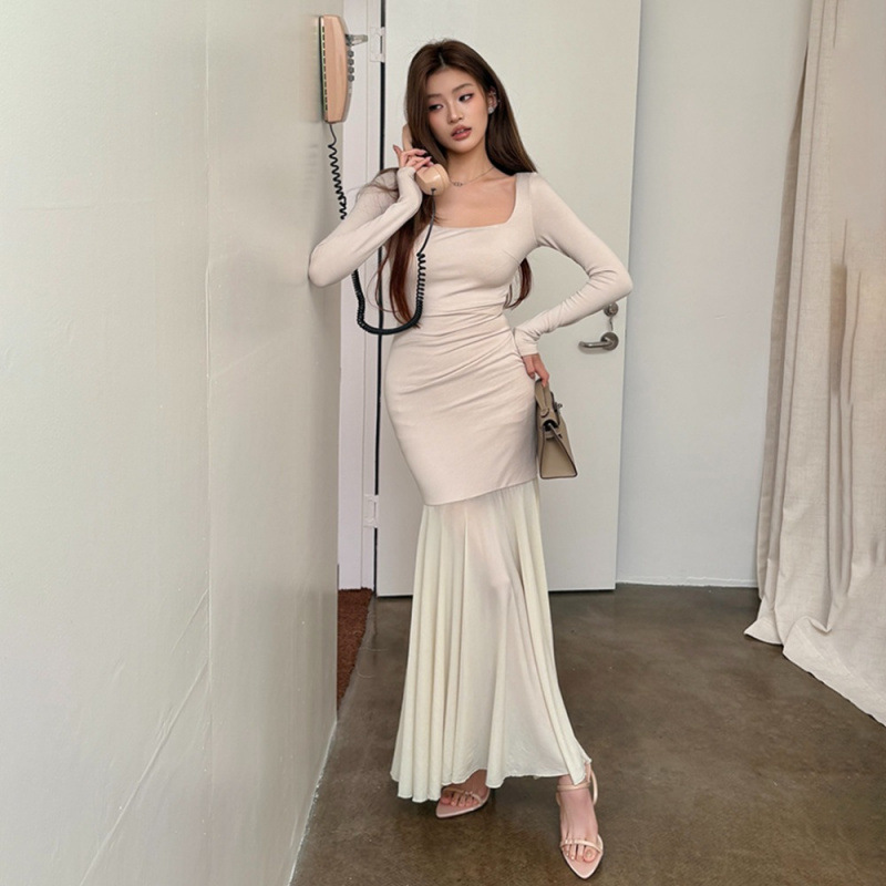 Real Shot of 2025 New Autumn and Winter Design Square Neck Dress, Elegant and High-End Translucent Splicing Fishtail Skirt Long Skirt