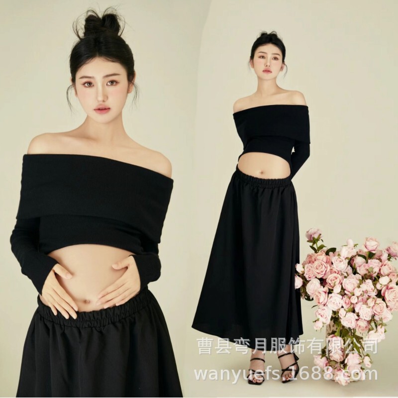 Photo Studio New Maternity Photo Clothing Indoor Simple Style Advanced Sense Pregnant Mother's Belly Photo Black dress Photo at Home