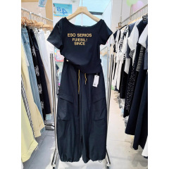 工厂店套装女2025年夏季新款超火流行学院风斜露肩T恤休闲阔腿裤