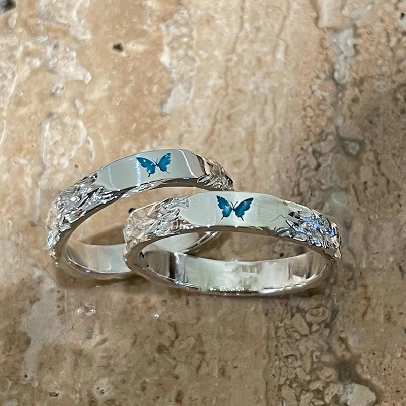 小紅書同款藍色蝴蝶鍍銀戒指小眾設計指環輕奢個性時尚情侶開口戒