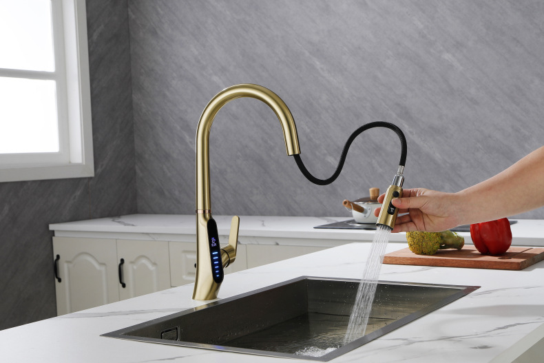 Konishi hydroelectric power digital display kitchen faucet pull-out sink faucet with brushed gold color full figure