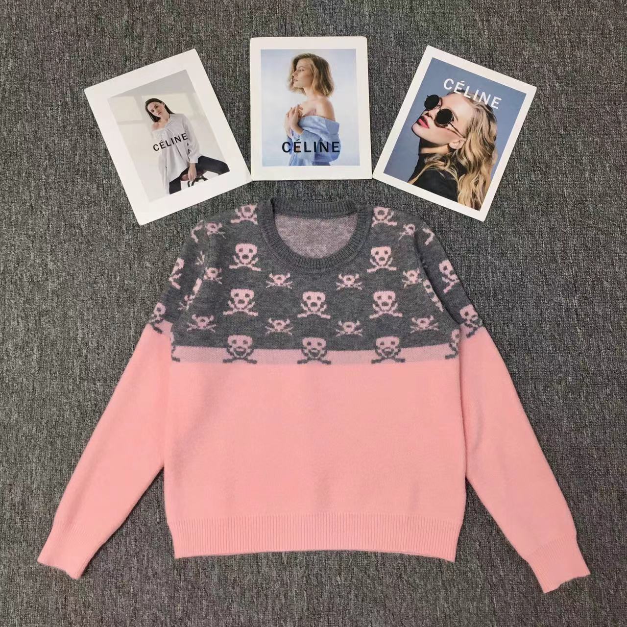 2025秋冬新款撞色几何图案提花圆领长袖套头针织上衣保暖打底毛衣