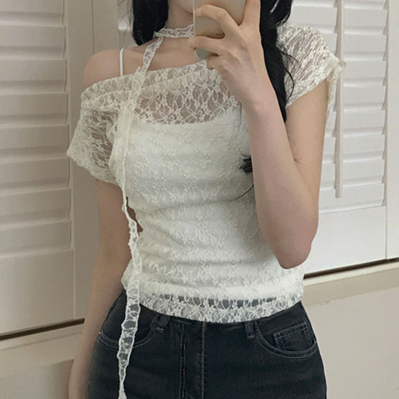 New Solid Color Halter Neck Tie Off-Shoulder Cropped Top Lace Slim Fit Hollow Short Sleeve Off-Shoulder T-Shirt