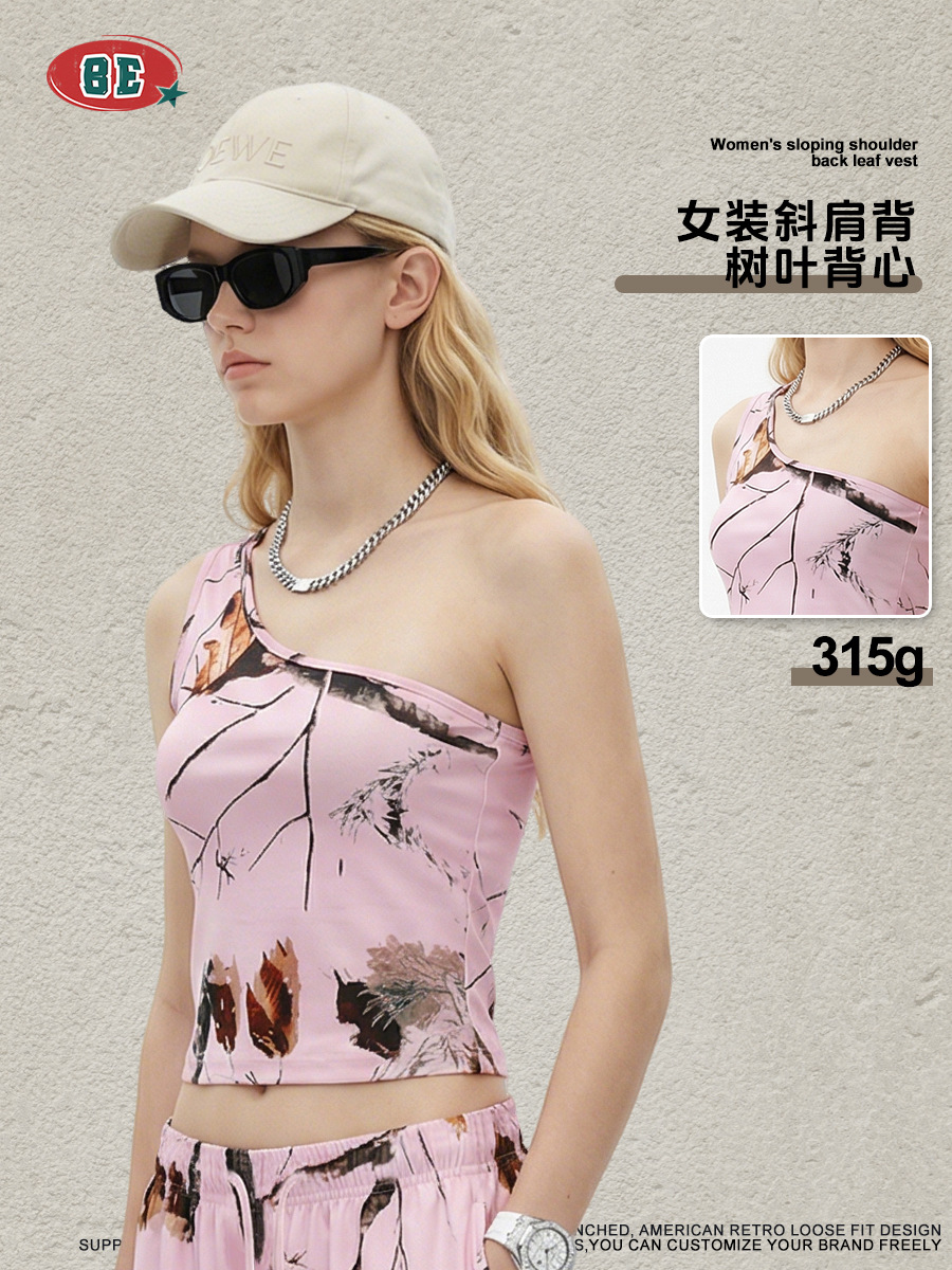 Be mujer ropa| Verano americano de hombro inclinado chaleco de camuflaje de hoja caliente viento esbelte deportivo chaleco de hombro para mujeres