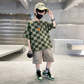 中大童2023夏季新品洋气韩版休闲宽松男学生三角皮标格子套装男童