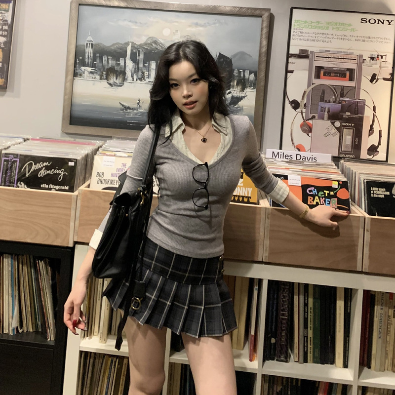 Popchee|Oxford Preppy Style|3-Color Faux Two-Piece Knitted Base Shirt! Heart-Shaped Neckline, Waist-Cinching, Great Fit~ Popchee|Oxford Preppy Style|3-Color Faux Two-Piece Knitted Base Shirt! Heart-Shaped Neckline, Waist-Cinching, Great Fit~