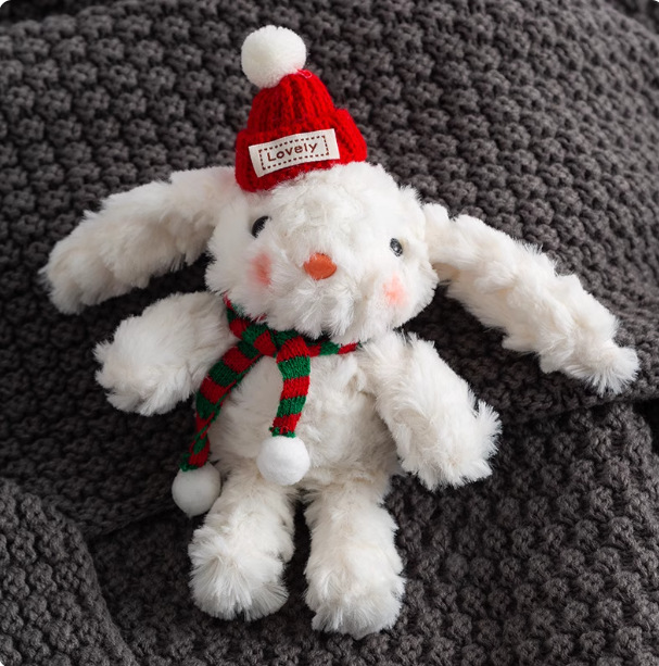 Bufanda roja y verde, rubor, orejas colgantes de conejo