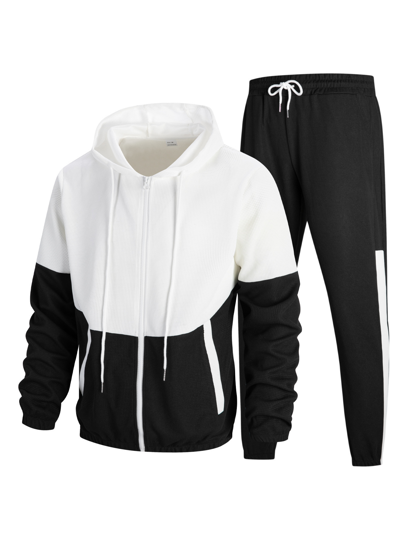 Herren-Trainingsjacke mit Kapuze, Reißverschluss, zwei Taschen, Patchwork-Design, Farbblock-Design, normale Passform, Kurzarm, elegant, aus Polyester_voghion.com