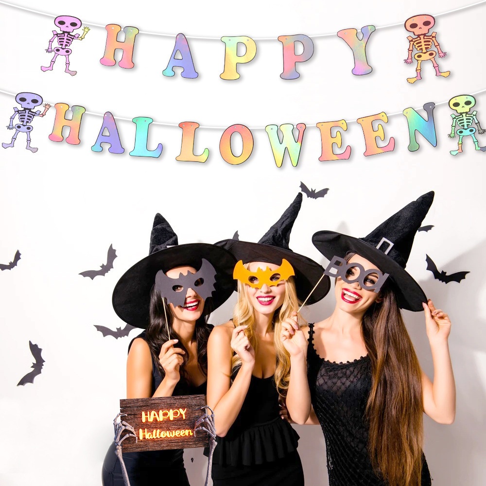 Bandera de halloween, bandera de calavera láser, banderas de colores, decoraciones de fiesta de Halloween, letras coloridas, colgantes de papel