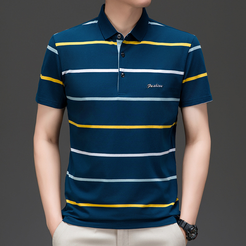 Exclusivo transfronterizo para verano nuevo estilo de algodón bordado de manga corta camiseta de hombre a rayas casual solapa de gran tamaño camisa POLO para hombre