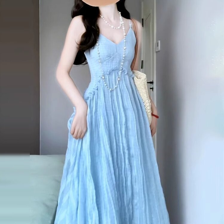 蓝色无袖吊带连衣裙子女夏季2025新款法式高级感海边度假沙滩长裙|undefined