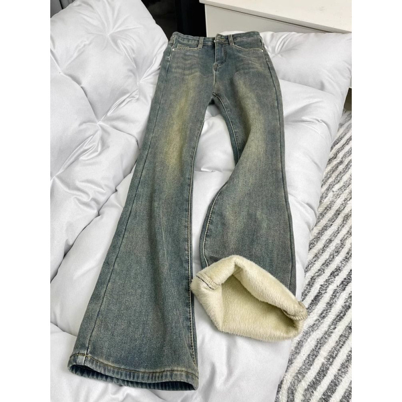 加绒加厚复古蓝直筒牛仔裤女冬季大码胖mm高腰遮胯弹力微喇马蹄裤