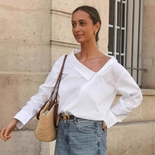 时尚不对称翻领白衬衫女2025秋季新款设计感宽松长袖女式衬衣女装