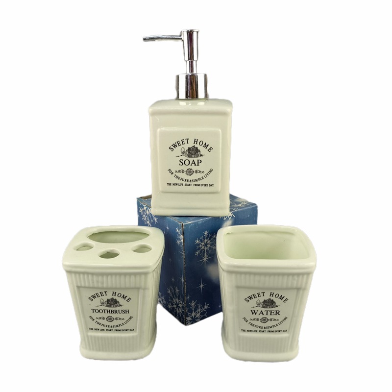 Juego de tres piezas de cerámica con relieve nórdico para baño, con cepillo de dientes y vaso de enjuague, juego de baño con portacepillos, juego de baño para lavarse y cuidarse.