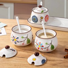 日式釉下彩陶瓷调料罐家用带盖味精盐罐耐高温辣椒油罐调味罐套装