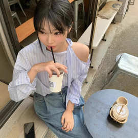 韩国chic2026年早春春新款法式斜边系带气质露肩长袖衬衫女装新款