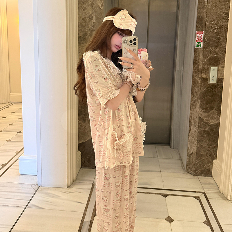 可爱hello kitty印花冰丝睡衣女款夏季新款短袖长裤家居服两件套|undefined