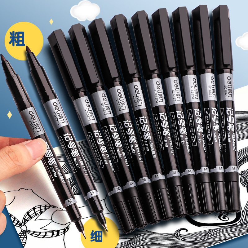 Deli pequeño marcador de doble cabeza gancho pluma arte especial estudiante de primaria negro aceitoso de cabeza fina marca pintura infantil