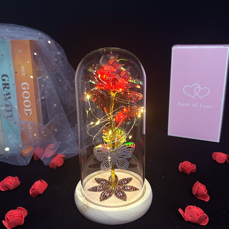 Cubierta de cristal de flor preservada, luz nocturna rosa de lámina dorada, 520, regalo de cumpleaños para el Día de San Valentín, adorno de Navidad