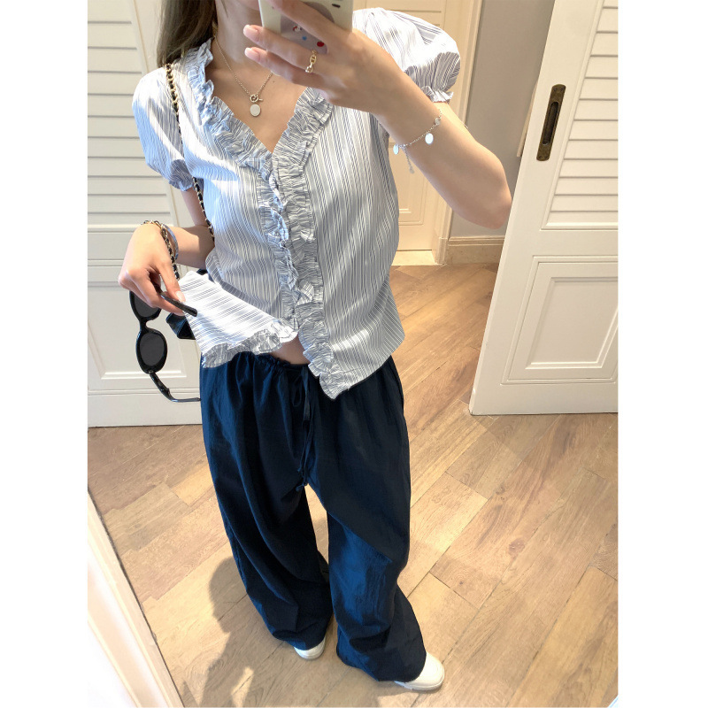 Factory Wholesale [Original Style] Designer Striped Puff Sleeve Shirt for Women Summer Ruffled Japanese New Style