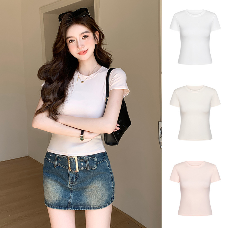 H586 엄격하게 선정 된 슬림 핏 반팔 티셔츠 화이트 여름 스파이스 소녀 탑 라운드 넥 어깨 내부와 외부 여성의 탄성 슬리밍