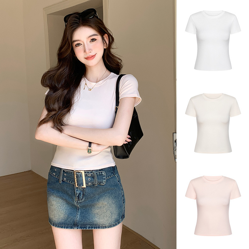 H586 Strictly Selected Slim-fit Short-sleeved T-shirt White Summer Spice Girl Top Round Neck Shoulder Women's Elastic Slimming Inside and Outside