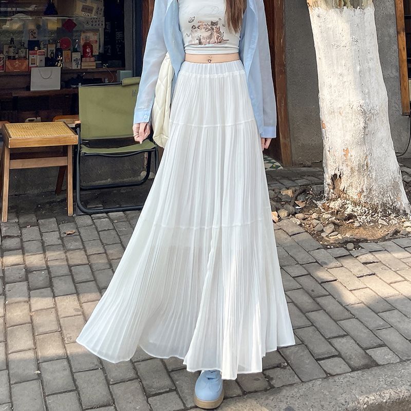 韩范紫色压褶半身裙女2025春秋新款高腰显瘦a字遮胯大摆百褶长裙|undefined