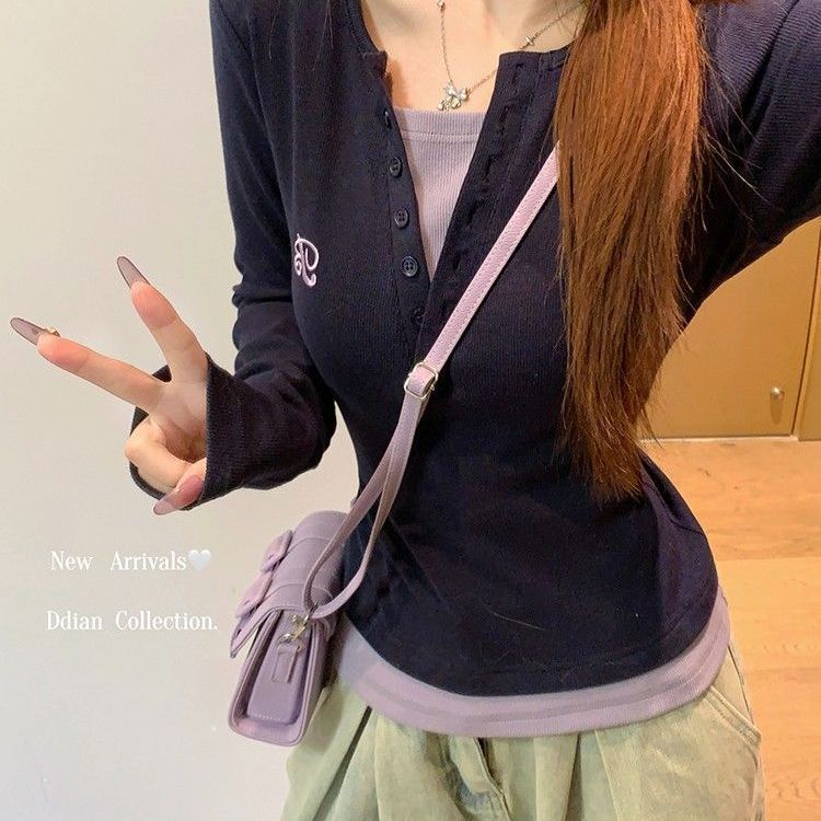 撞色正肩假两件纽扣修身长袖T恤女2025秋冬新款bm内搭打底衫上衣|undefined