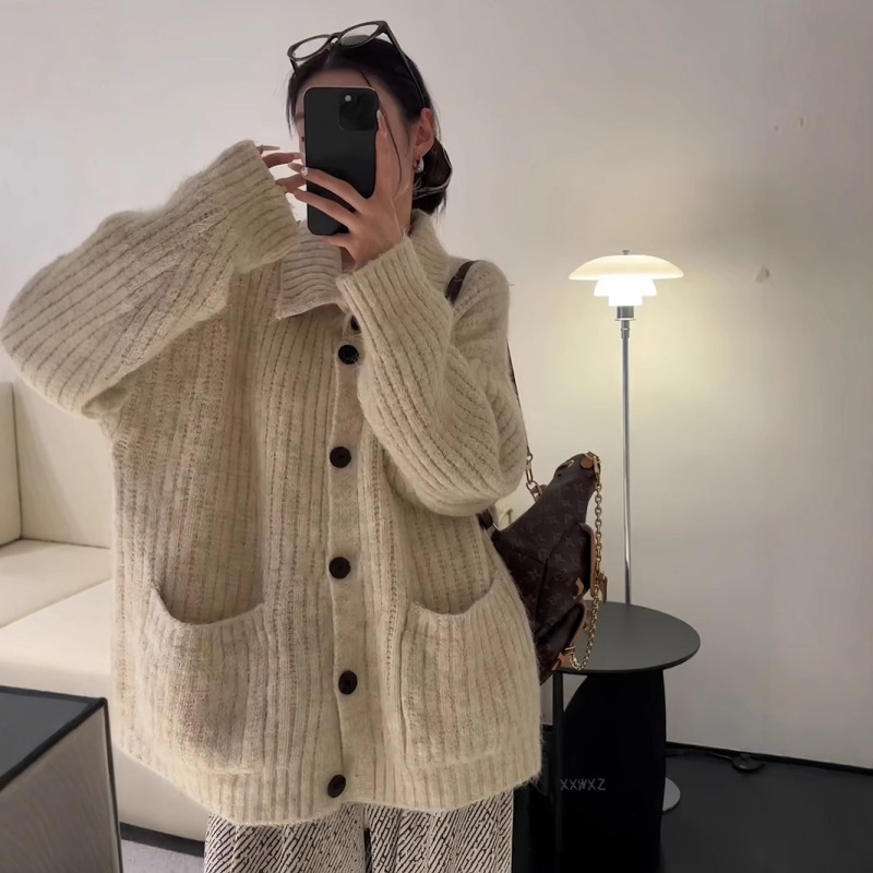 欧美大码胖MM软糯宽松慵懒女士毛衣外套秋冬跨境翻领纯色针织开衫|undefined