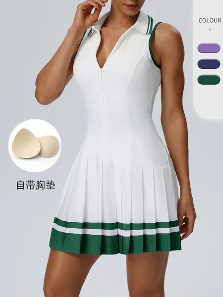 Cross-Border Color-Blocked One-Piece Tennis Dress with Lapel and Chest Pads, Quick-Dry Outdoor Casual Sports Fitness Dress 62120