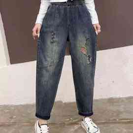 实拍  大码文艺复古贴布弹力牛仔裤秋季新款宽松显瘦哈伦裤老爹