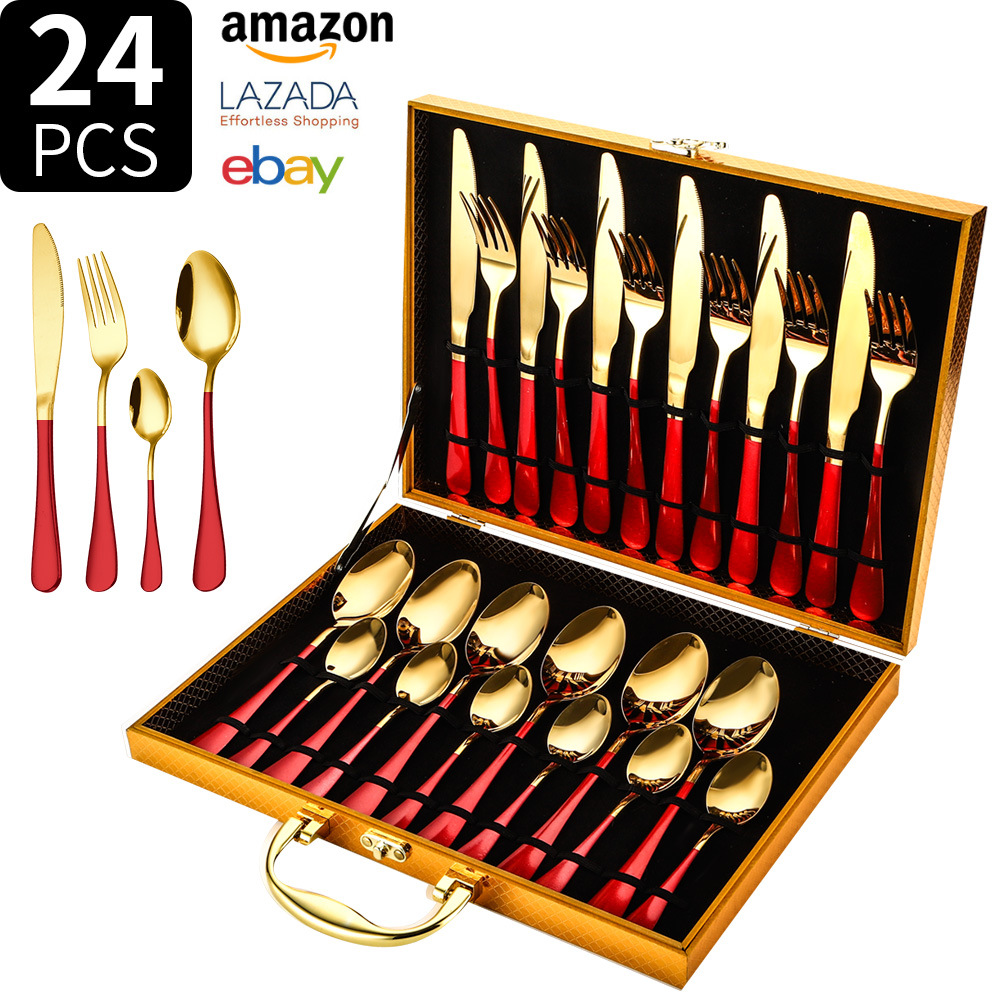 Juego de vajilla de acero inoxidable Transfronterizo Amazon 1010 juego de 24 piezas de vajilla occidental bistec cuchillo tenedor cuchara juego de caja de regalo