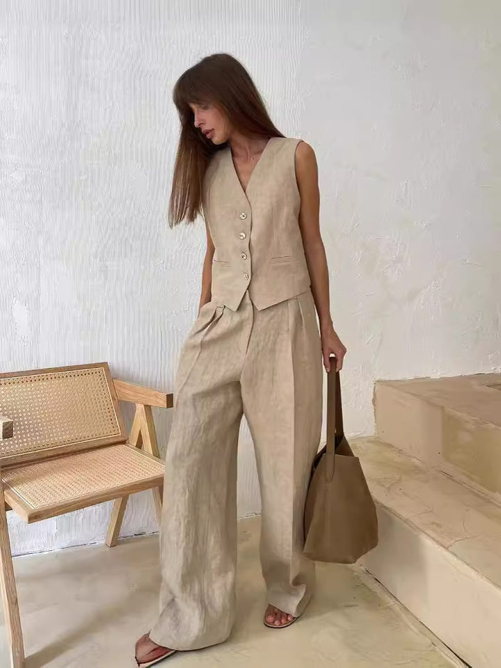 Bộ vest nữ hai mảnh áo vest không tay kèm quần cạp thấp phong cách hiện đại — Kaki, Màu cam, Màu đen