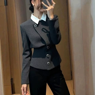 灰色假两件外套女2026秋季时尚洋气时髦轻奢高级感气质小香风上衣