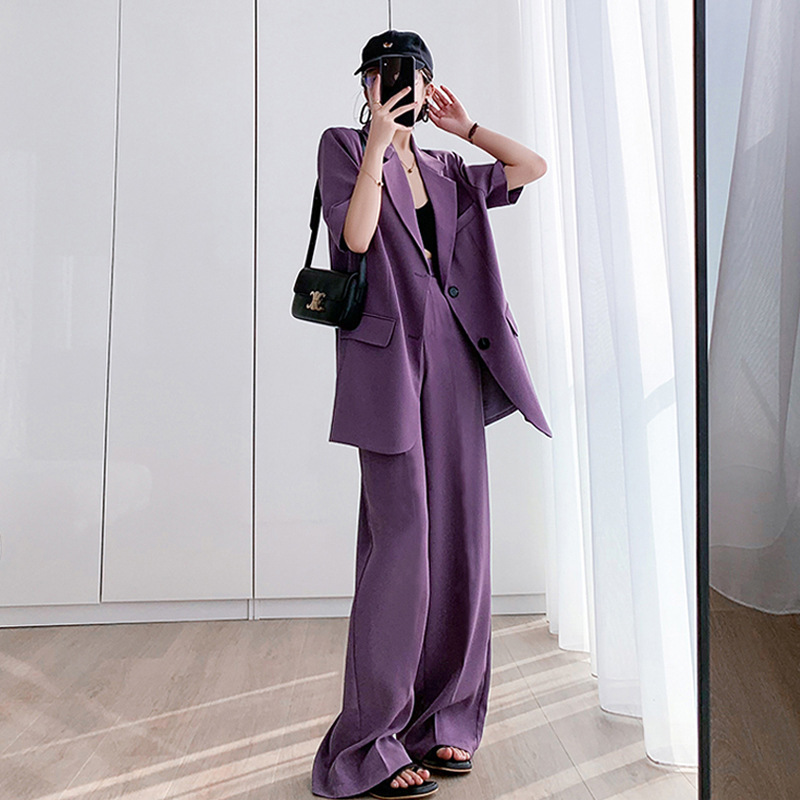 Xz150-summer thin suit wide-leg pants suit plus size women's clothing fat MM200 kg short sleeve purple suit jacket
