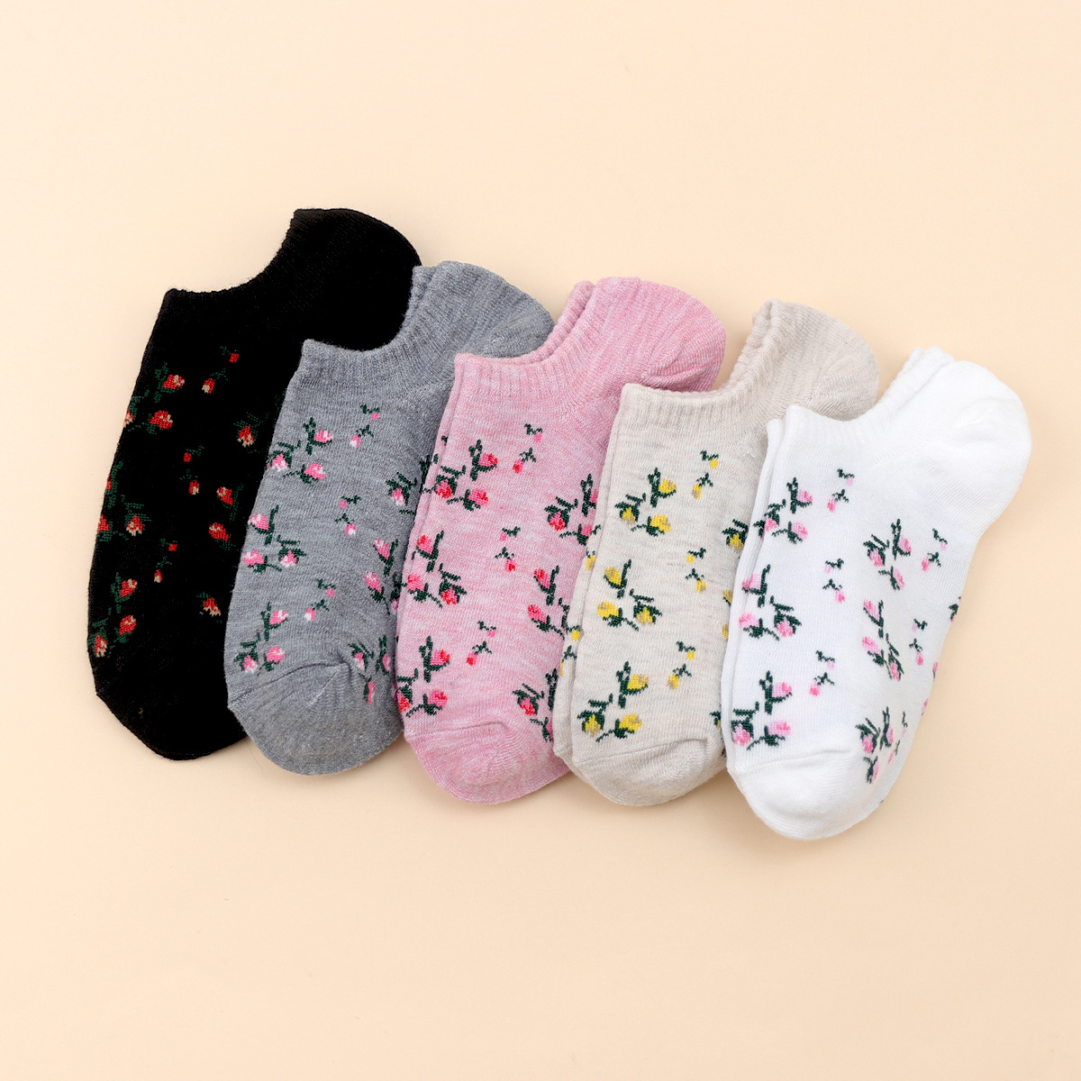 Women's Socks with Small Floral Design, Boat Socks for Autumn and Winter, Vintage Versatile College Style, Shallow Mouth Artistic Short Socks, Invisible Socks for Women