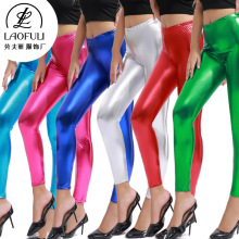 跨境新款烫金仿皮多码打底裤 糖果色夜店显瘦皮裤不易掉色九分裤