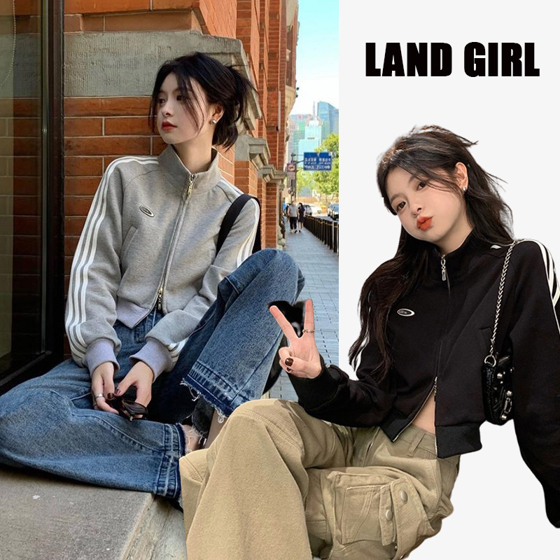 American-style Grey Short Sweater Coat Women's Spring and Autumn Thin Long-sleeved Zipper Cardigan Sports Top Ins