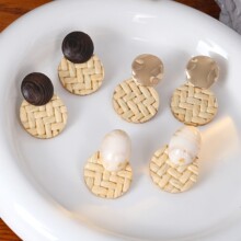 银针日韩简约度假风木藤编织耳钉 田园风设计感个性气质百搭耳环