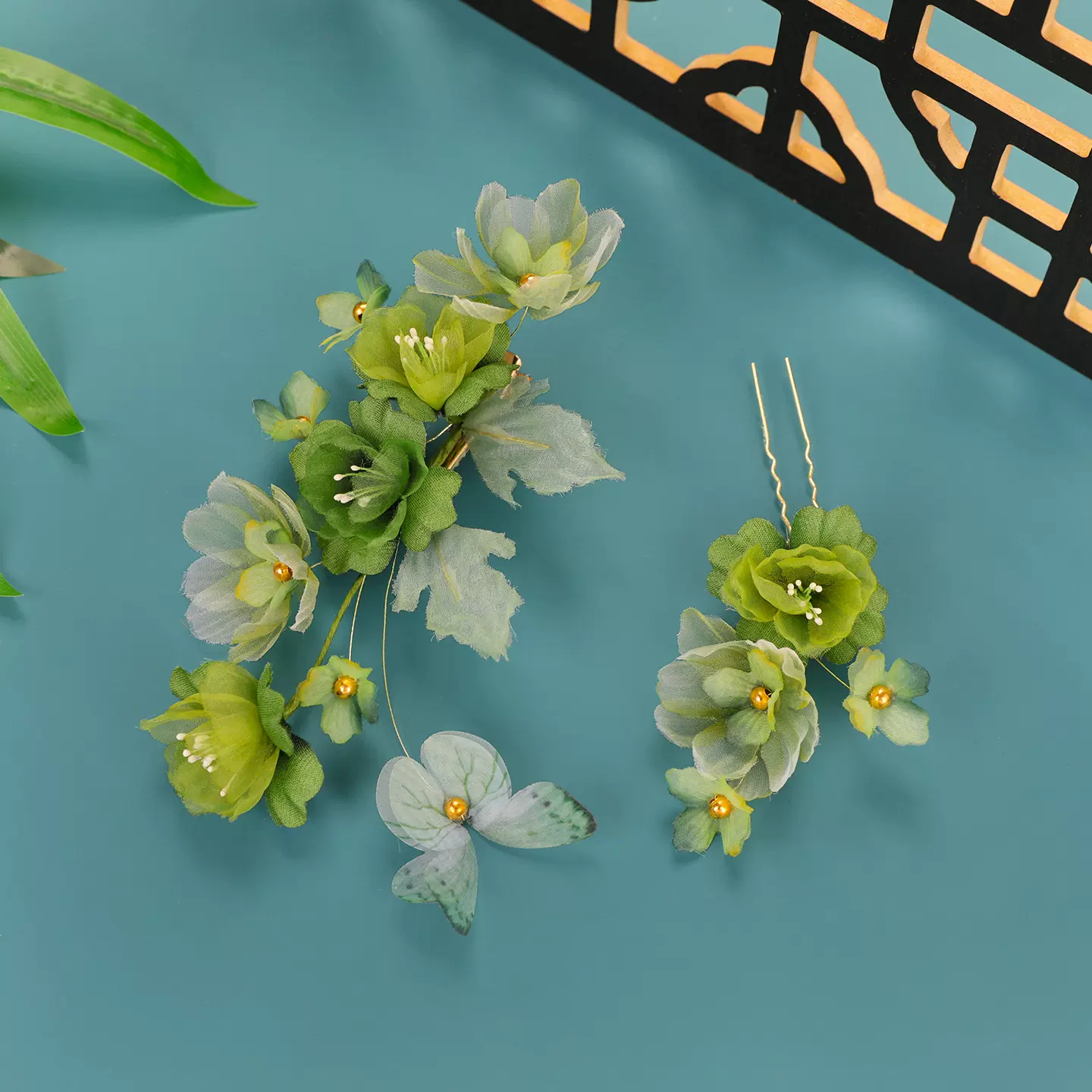 2025原创设计纯手工古风超仙高级感唐风绿色汉服头饰发夹烫花发饰