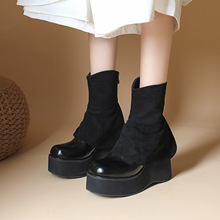 伊芙琳顯瘦短靴女馬丁靴 厚底圓頭黑色時尚中筒 后拉鏈歐美時短靴