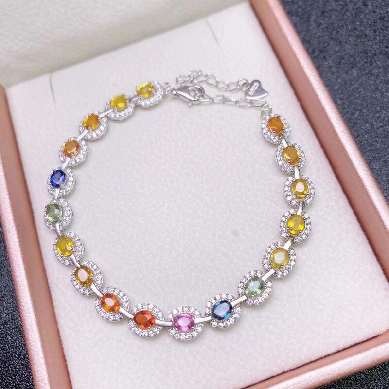 Natural Colorful Sapphire Bracelet Carefully Rainbow with S925 Silver Inlaid Live Broadcast Room Supply Factory Wholesale