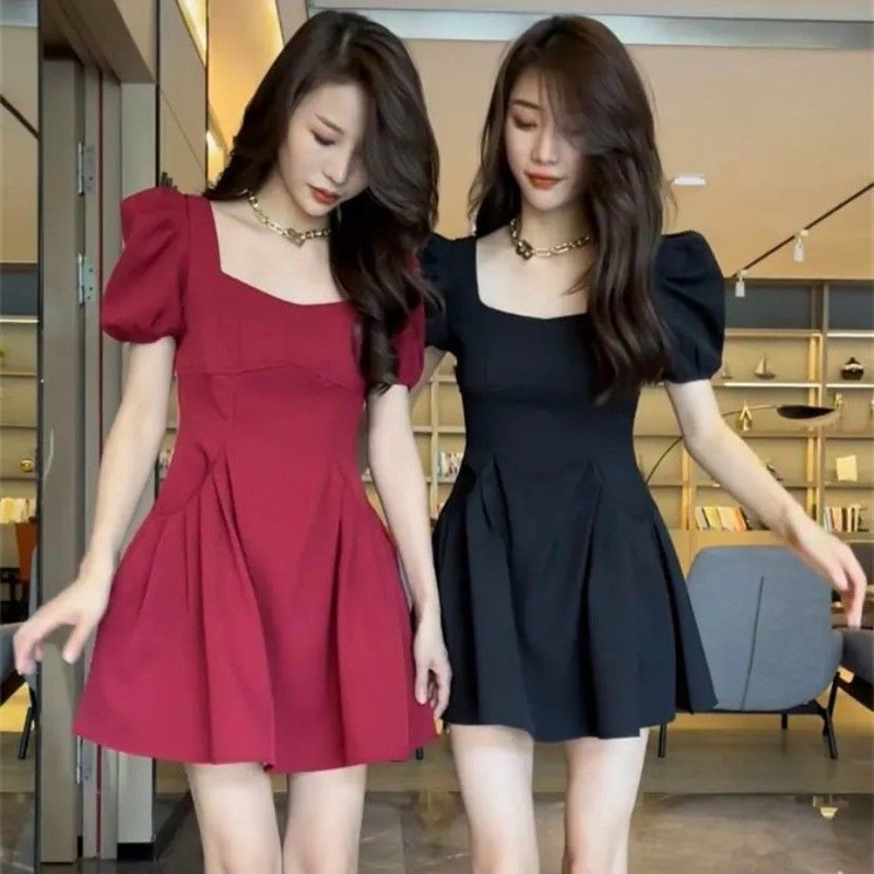 Hot girls pleated bubble sleeve square collar dress women 2024 summer new fashion waist slim A- line skirt wholesale