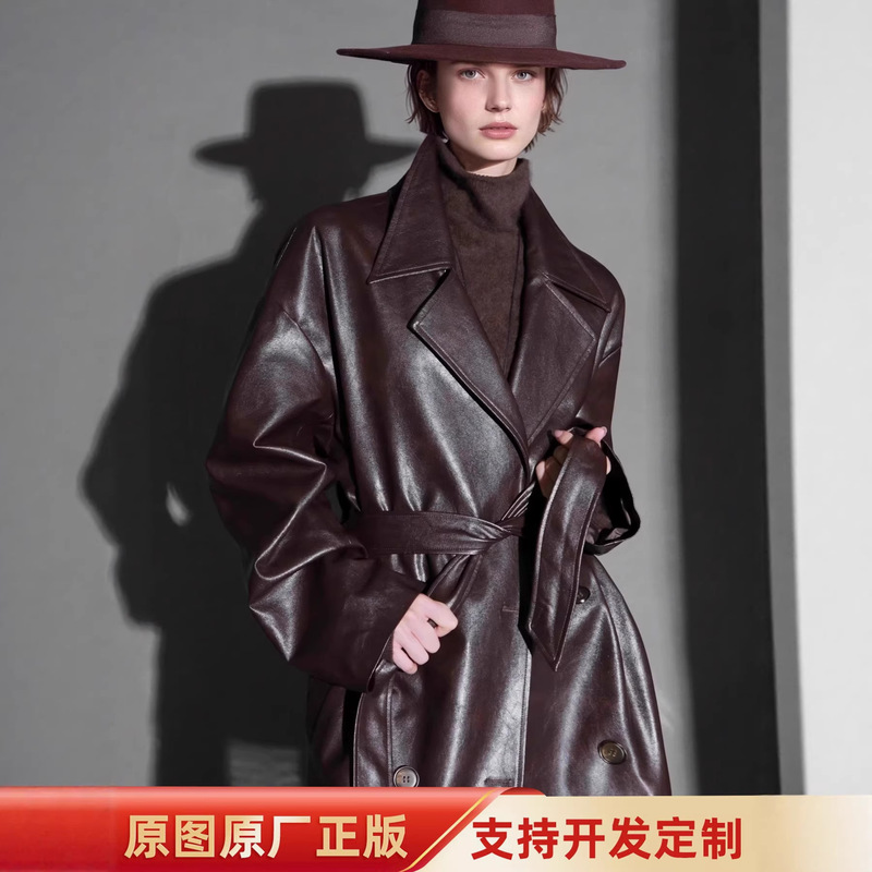High-End Luxury Fashion Niche Stylish and Handsome Sheepskin Trench Coat for Women, Loose Mid-Length Leather Trench Coat for Spring and Autumn