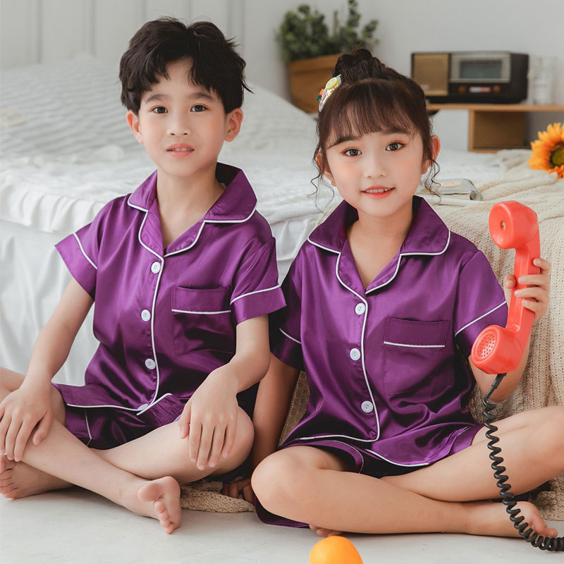 Children's Pajamas Summer Short-sleeved Silk-like Boy's and Girl's Baby's Summer Children's Wear Thin Middle and Large Children's Home Clothes suit