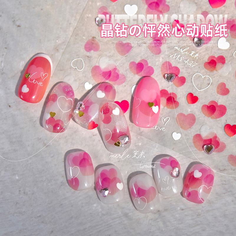 Pegatinas de uñas cristal diamante tridimensional alivio amor corazón-latiendo chica en línea estilo rojo dibujos animados helado rosa lindo pegatinas