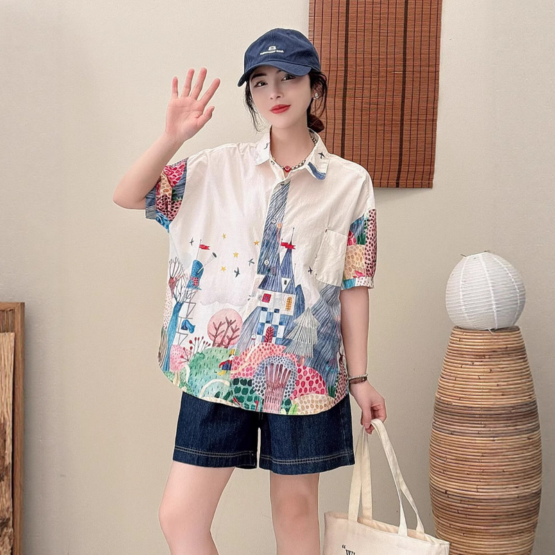 Japanese Style New Short-Sleeve Shirt Fashion Cartoon Print Loose Plus Size Korean Version Niche Age-Reducing Shirt Wholesale Japanese Style New Short-Sleeve Shirt Fashion Cartoon Print Loose Plus Size Korean Version Niche Age-Reducing Shirt Wholesale
