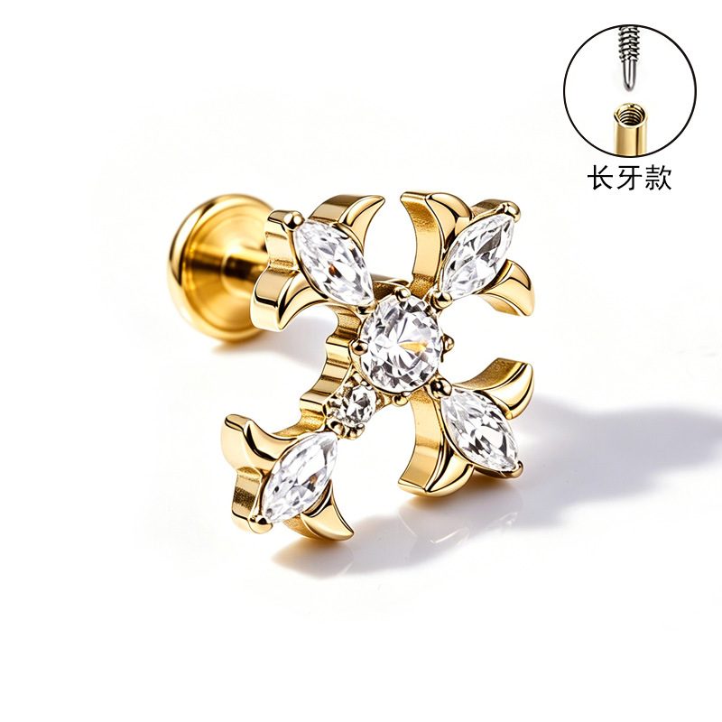 F136 Titanium Alloy Ear Studs, Finely Carved Ear Bone Studs, Long Tooth Style with Zirconia, Lip Studs, G23 Titanium Body Piercing Jewelry detail image 16