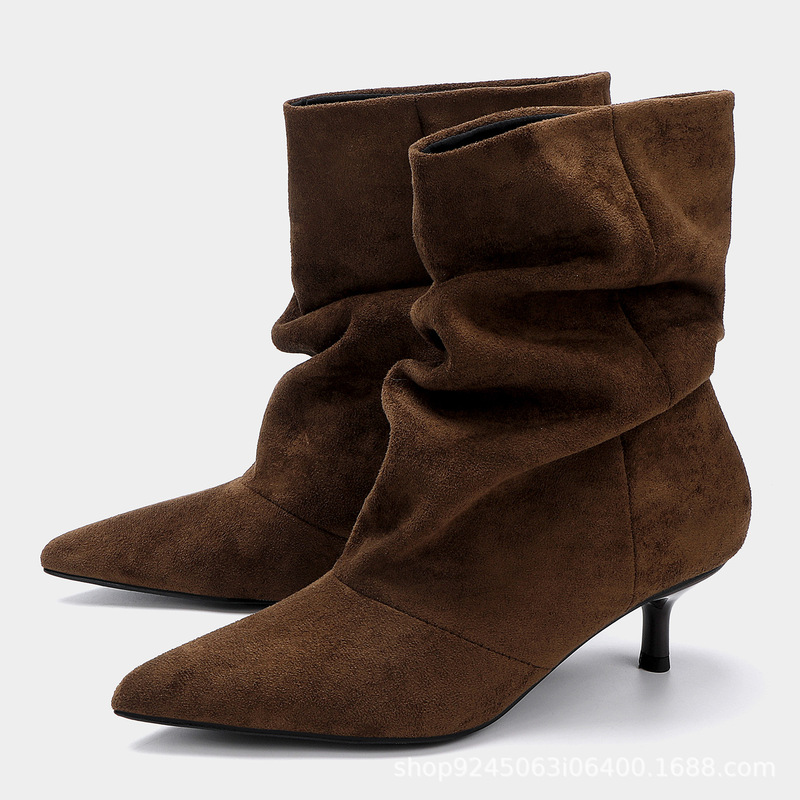Za Boots 2025 New Vintage Pleated Stacked Boots Mid-Calf Boots Women's Suede Stiletto Versatile Wasteland Style Mid-Calf Boots Za Boots 2025 New Vintage Pleated Stacked Boots Mid-Calf Boots Women's Suede Stiletto Versatile Wasteland Style Mid-Calf Boots
